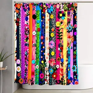 1/4pcs Vibrant Boho Floral Shower Curtain Set - Eclectic Vertical Patchwork Design with Whimsical Patterns, Colorful Bath Mats & Toilet Lid Cover - Bathroom Decoration Accessories - Perfect for Festive Bathroom Makeover and Cheerful Home Décor