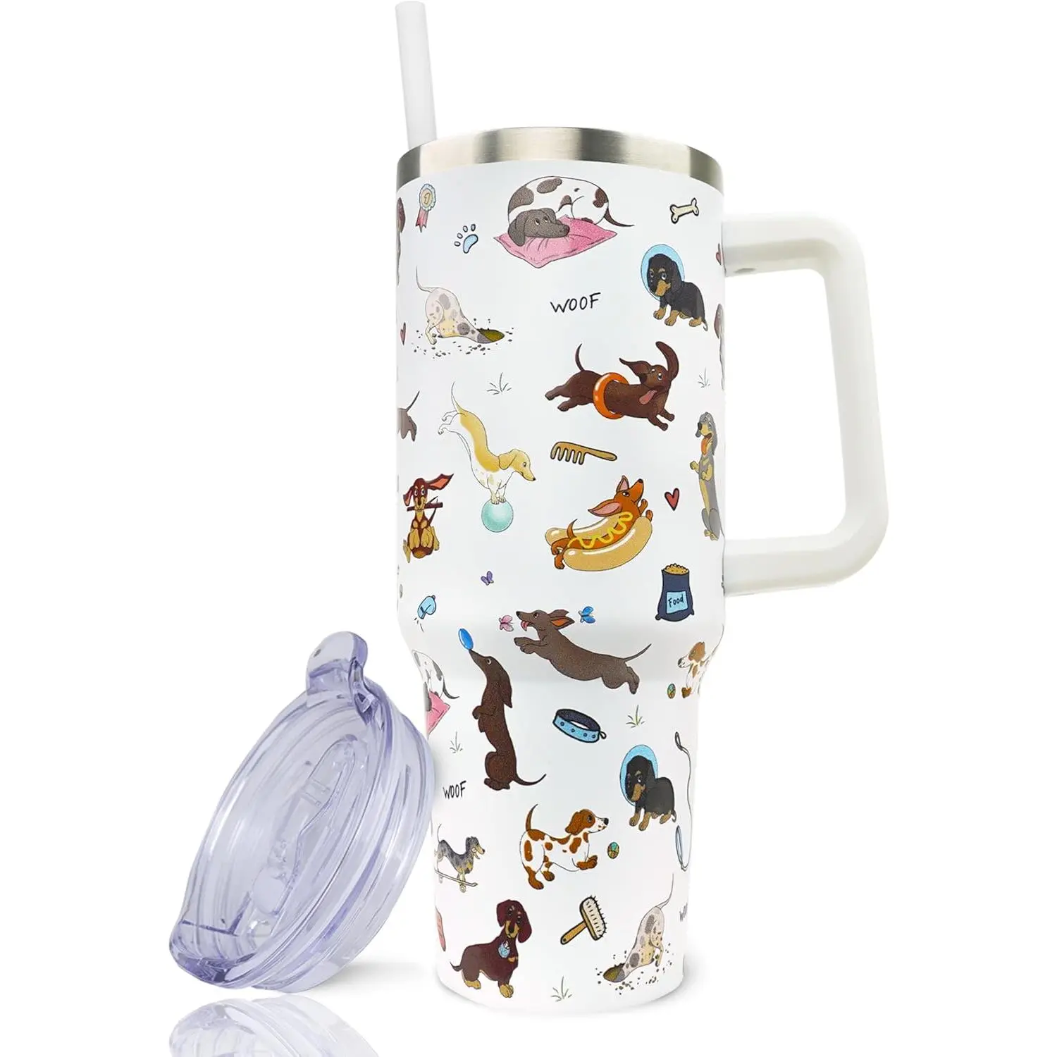 40oz Reusable Stainless Steel Insulated Dachshund Coffee Tumbler - Leak-Proof Vacuum Flask with Handle, Straw, Lid, Ideal Kitchenware Drinkware Gift for Dog Lovers (Animals Enthusiasts) for Mother's Day, Portable