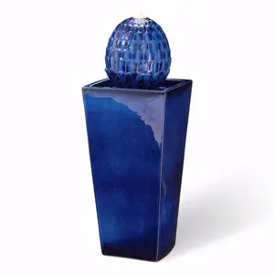 Glitzhome 35.75"H Oversized Cobalt Blue Artichoke Pedestal Outdoor Ceramic Fountain with Pump and LED Light (KD)