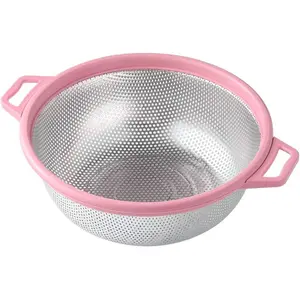Stainless Steel Colander With Handle and , Large Metal Pink Strainer for Pasta, Spaghetti, Berry, Veggies, Fruits, Noodles, Salads, 5-quart 10.5 Kitchen Mesh Colander, Dishwasher Safe