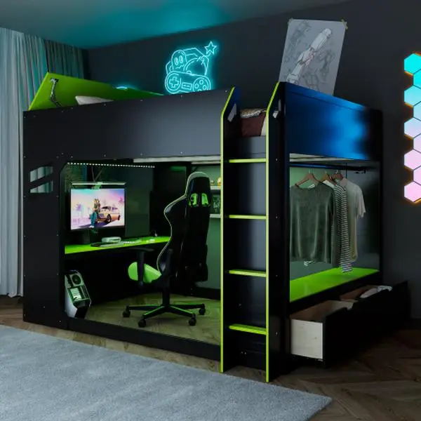 Bellemave Full Size Wood Loft Bed - RGB-Lit Bed Frame with Height-Adjustable Desk, Built-In Drawers, Storage Compartments, Hanging Rod, Rgb-Lit Bed Frames, Built-In Drawers Bed Frames