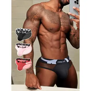 3-Pack Ice silk Transparent Underwear Stitching Large U Pouch Men's Briefs, G-string Sexy Low Waist Convex Underpants Man Sports Panties