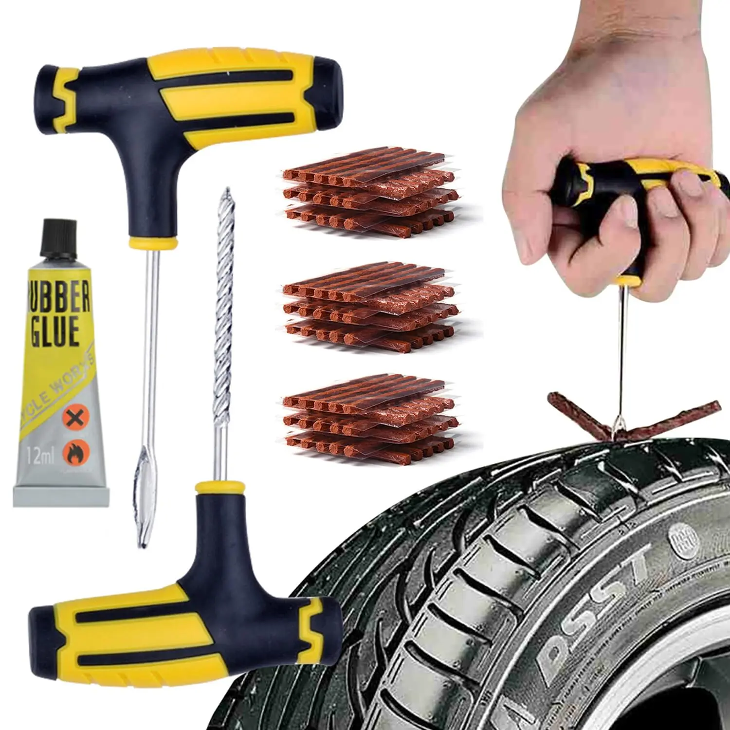 Joytutus Flat Tire Puncture Repair Kit, 68-Piece Plug Set with 12ml Glue, Stainless Steel Bits, Durable Handles, Portable Automotive Maintenance Tools for Heavy-Duty Cars, Trucks