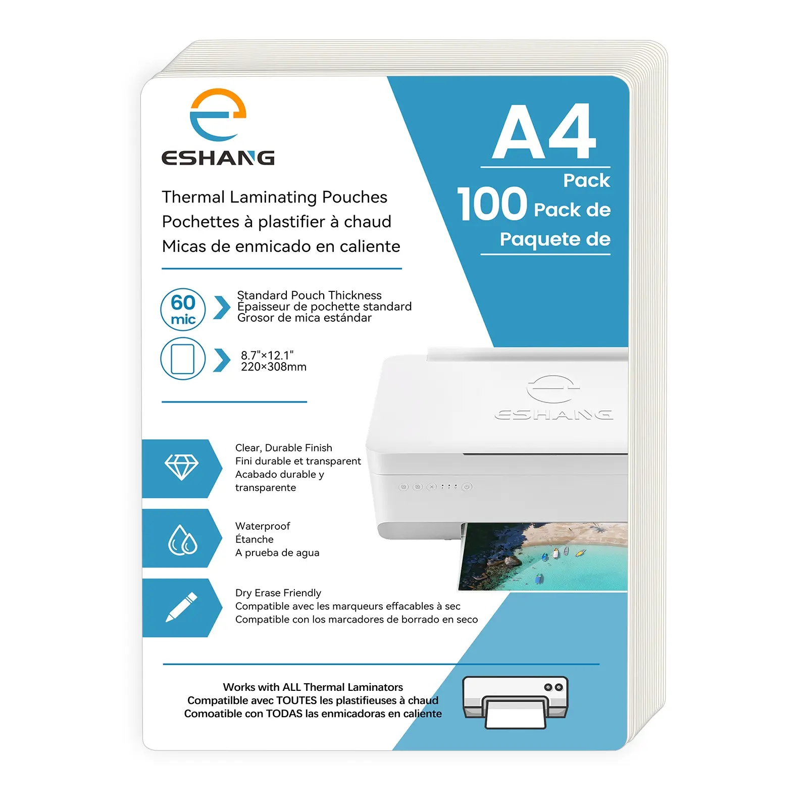 100 Sheets A4 Size Clear Durable Thermal Laminating Sheets, 60mic Waterproof Thermal Laminating Film 8.7×12.1 Inch, Suitable for All Thermal Laminating Machines with Universal Compatibility, Office & School Plastic Paper Supplies