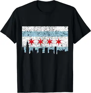 Chicago Shirt - Vintage Chicago Flag Theme Skyline Summer Shortsleeve Cotton T-Shirt