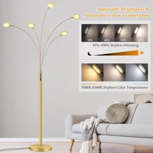 Multi-Head Tall Tree Standing Lamp, LED Arc Floor Lamp with Remote, 2250LM Dimmable Gold Floor Lamp with Timer, Adjustable Colors, Brightness & 5 Adjustable Arms for Living Room Bedroom Corner Office
