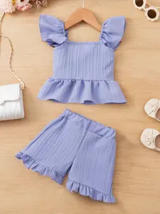 Girls Summer Sweet Set, / Sleeveless Top, Pleated Shorts, Square Neck, Elastic Waist, Casual Kids Clothing, 1-8 Years