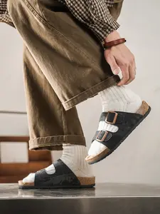 Men's Fashion Slippers, Denim One-Strap Sandals, Luxury Cork Mules, Vintage Buckle, Casual Beach Shoes, All Seasons, Trendy Men's Footwear