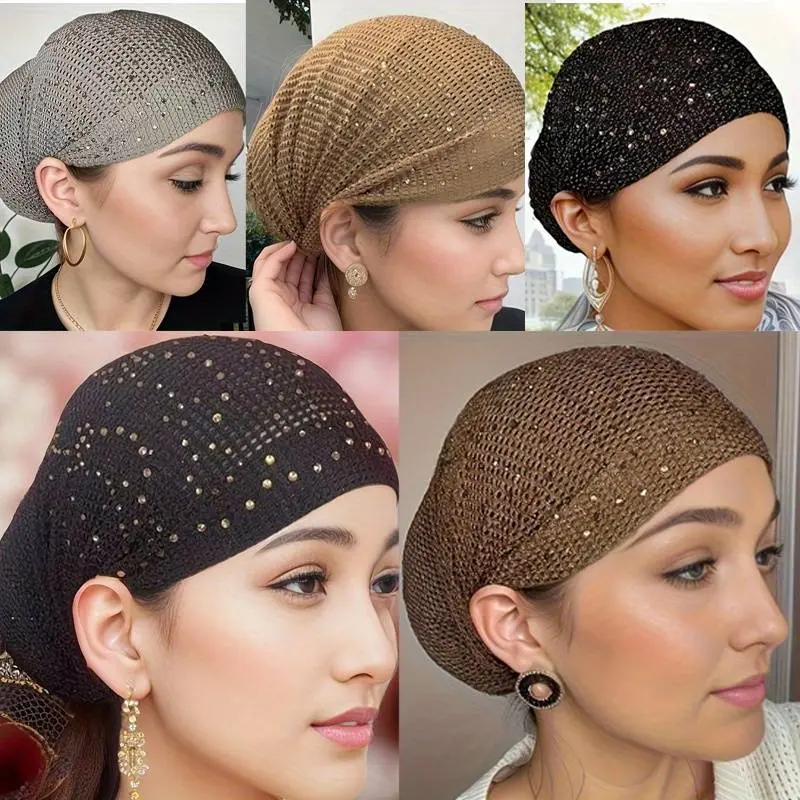 Female 3-Pcs Stretchy Hair Bonnet Caps with Rhinestone Decoration, Lightweight Polyester Casual Headwear for Urban Fashion