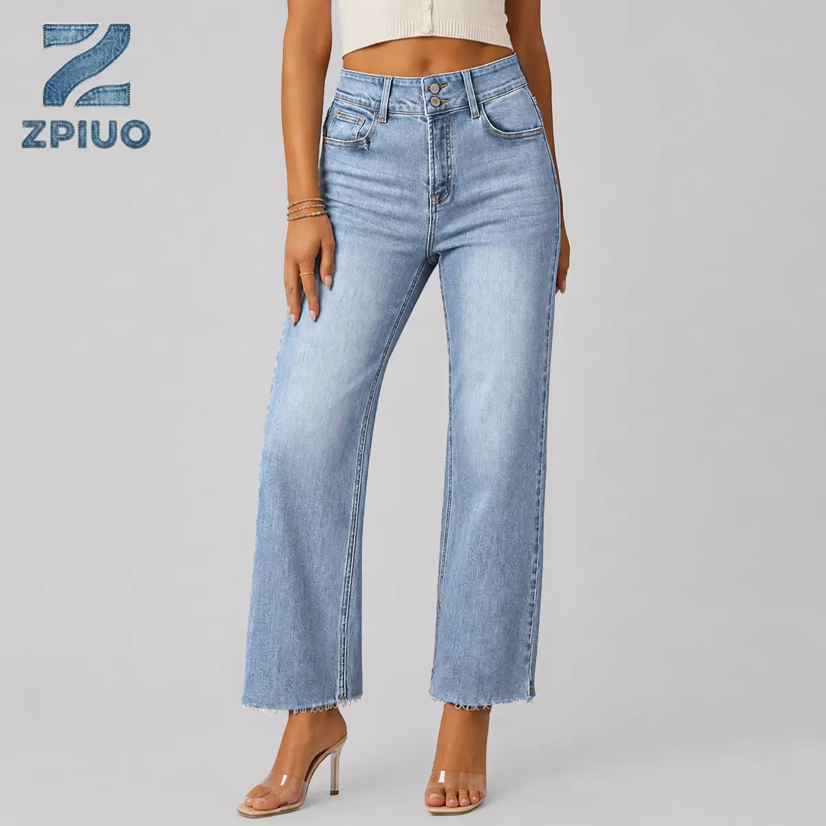 Women's Cotton High-Waist Jeans - 90s Straight Style Loose Straight Leg, Double Button, Zipper, Cropped Raw Hem, Premium Fabric, Blue, for Office & Street Wear (Size 10), Streetwear, Pocket, Bottom, Denim, Fits, Formal, 90S Look, Vintage Casual, Five Pock