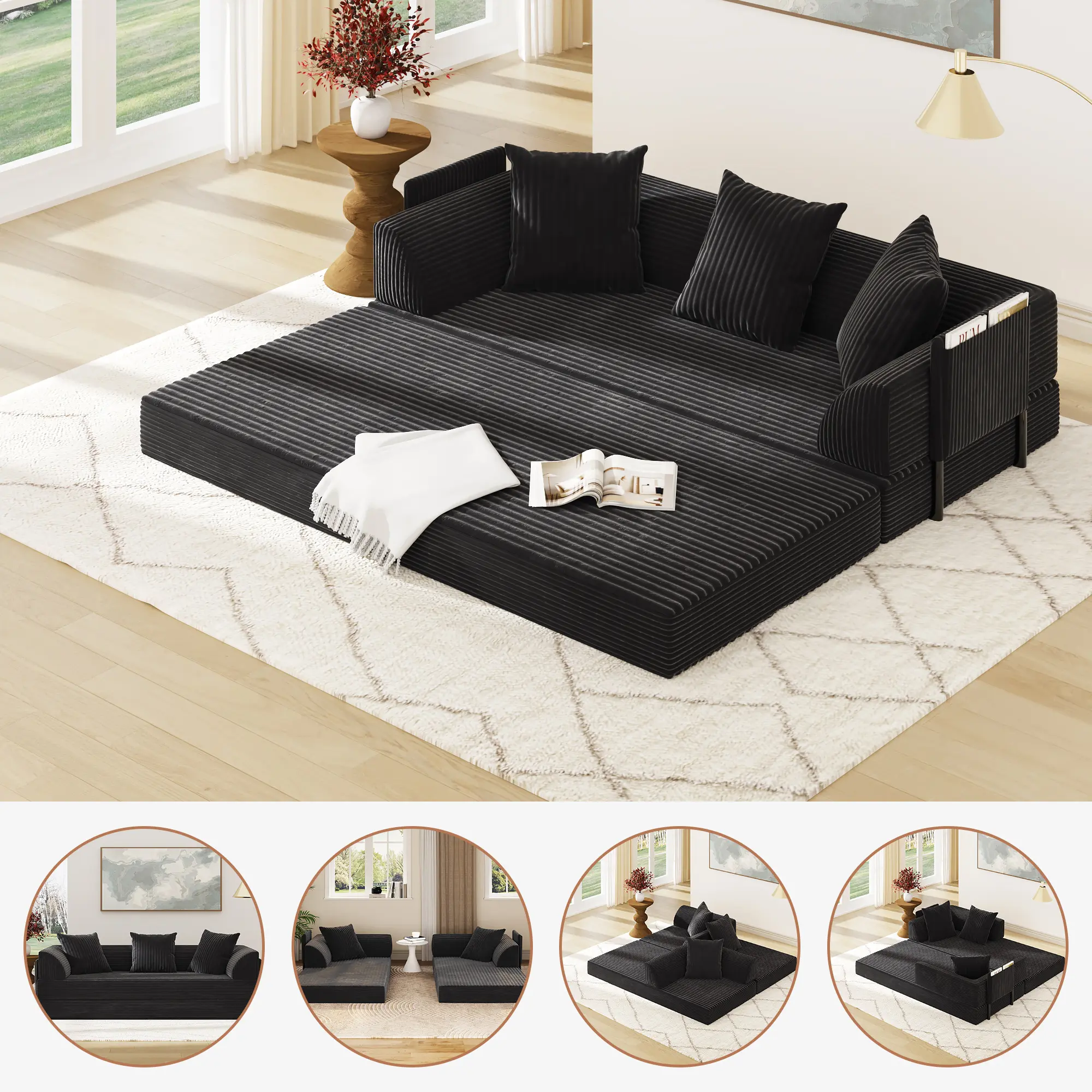 79" Corduroy Convertible Loveseat Sofa Sleeper - Comfy Modern Couch with Pull-Out Bed, Memory-Foam Cushioning, Side Storage Pockets (Convertible Sofas Collection), Convertible Folding Sofa, Game Room