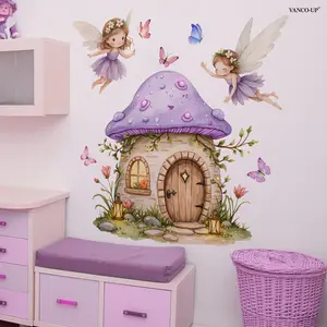 2Pcs/Set (3090cm2pcs) Watercolor Fairy Mushroom House Wall Stickers, Dreamy Fairy Tale Self-Adhesive Decor for Girls & Kids Room