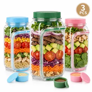 AISOON Side-Opening Salad Jar - BPA-Free Portable Leak Prevention Anti-Leak Microwave Safe Detachable Dual Compartment Preserving Container with Dressing Cup (1 Pack or 3-Color Mix 3 Pack), Leak Prevention Jars, Microwave Safe Jars