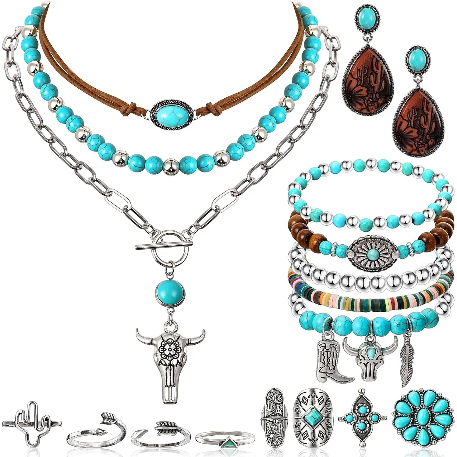 Western Jewelry Set for Women, 18-Piece Boho Cowgirl Accessories with Turquoise & Antique Silver, Stackable Bracelets, Knuckle Rings & Layered Necklaces, Affordable Fashion