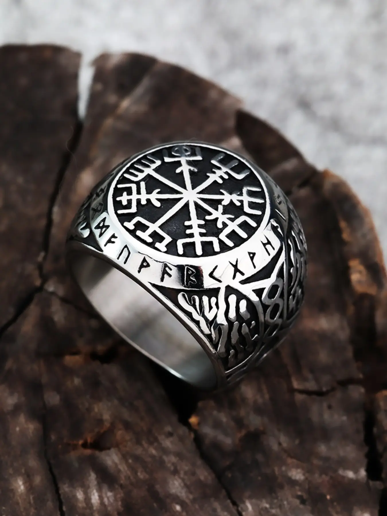 Viking Style Compass Steel Ring with Runes, Runic Inscriptions, Runic Craftsmanship, Runic Insignia, Runic Artistry, Men's Antique Nordic Jewelry, Jewelry Rings, Durable Non-Plated Metal Surface, Rust-Resistant Unisex Gift Accessory