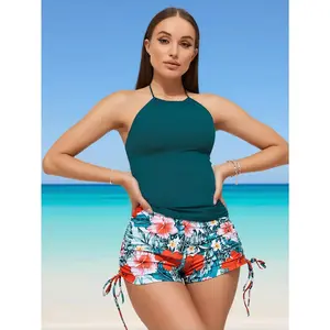 High Neck Tankini + Tropical Print Shorts - Side Tie Ruching Detail