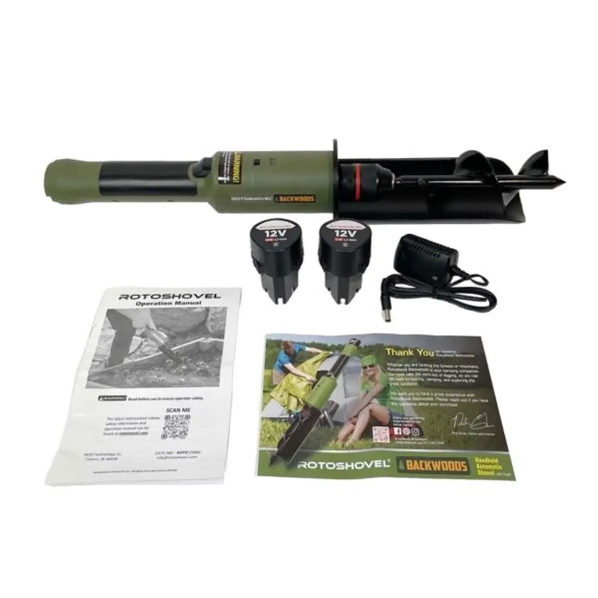 RotoShovel ROTO2-RB2 Automatic Handheld Garden Shovel - Auger-Equipped Yardwork Tool for Trenching, Posts Digging, 2 Batteries, 5 lb Charging Unit