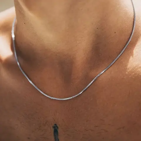 1pc Silvery Stainless Steel Square Minimalist Chain Men's Necklace, Durable Fashion Accessory, Suitable for Daily Wear, Ideal Aesthetic Jewelry Gift for Boyfriend, Father, Husband, or Classmate