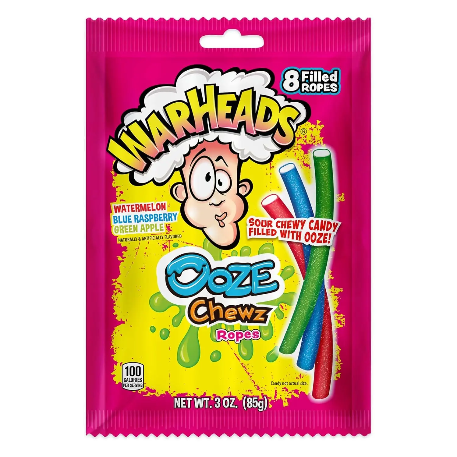 WARHEADS Ooze Chewz Chewy Sour Candy Ropes 3 oz Bag, Watermelon, Blue Raspberry & Green Apple Flavors, Fruity Filled Candy Snack