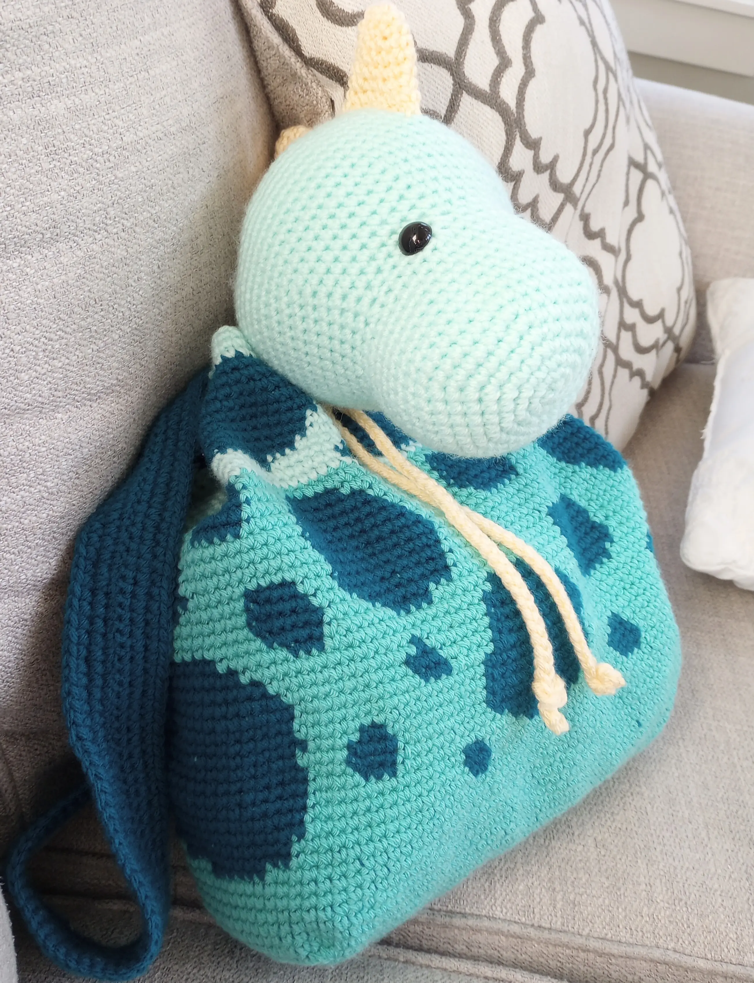 Crocheted Dinosaur Backpack for Kids - Handmade Yarn Animal Design with Stuffed Head & Drawstring Knot for a Back to School Haul, Synthetic, All Seasons, Any Age, Children, Cute, Hand Crocheted, Hand Wash Only, Large Compartment, Character Backpacks, Cute