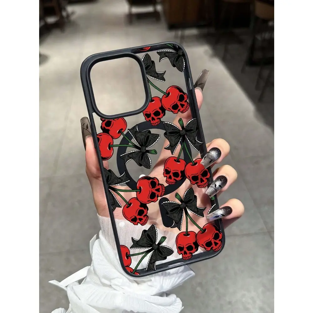 Black Lace Bow Skull & Cherry Print Bold Multicolor Art TPU Magnetic Snapon Cellphone Case - Flexible TPU Guards Drops, Casing Cover Accessory for iPhone 16 Pro Max,14/13/12/11 Pro Max,XS Max,X,XR,8,7,Plus,Mini, Ideal Girlfriend Gift | summerwins, Smartph