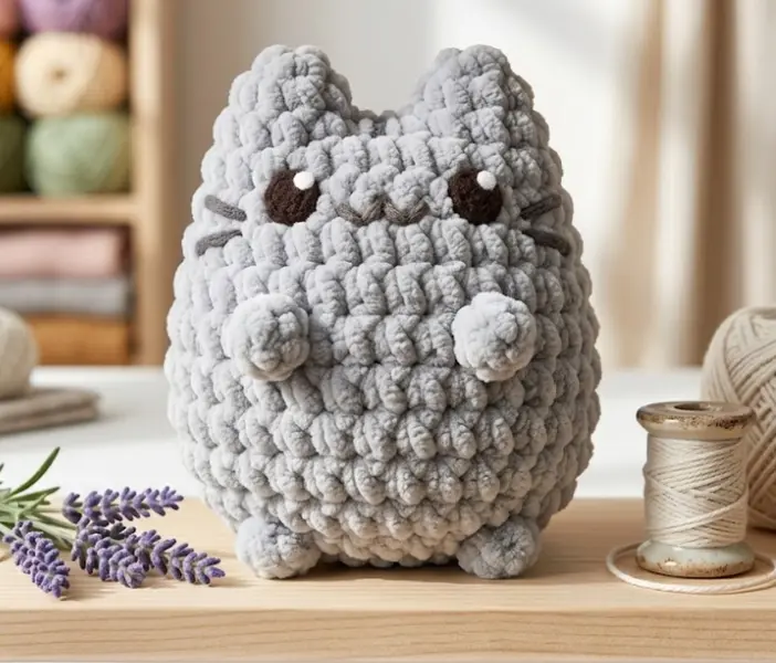Chubby Grey Cat Crochet Plushie - Handmade Amigurumi Pusheen Inspired Soft Yarn Toy, Cute Cat Stuffed Animal, Perfect Gift for Cat Lovers