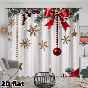 2D Flat 2Pcs Christmas Curtains Elegant Snowflake Ornaments Red Bow Holiday Design Pole Pocket Semi Sheer Polyester Window Panel Festive Hanging Stars Baubles Pine Branch Print for Living Room Bedroom Study Kitchen Office Decoration