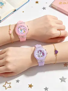 Cute Unicorn Theme Silicone Wristwatch Set with Glowing Quartz Movement Watches, Child Watch, Heart Bracelet, Best Fun Birthday Gift for Kids, No Box Included