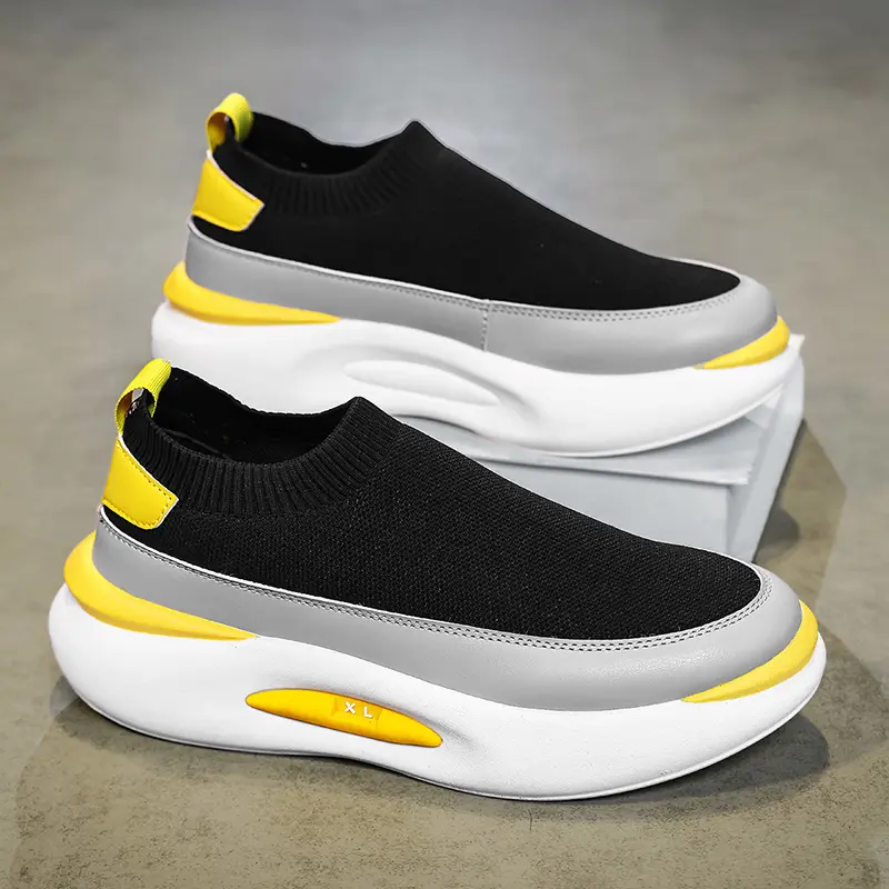Men's Thick Sole Flyknit Slip-On Walking Shoes - Breathable Lightweight Sports Footwear, Sports Leisure Shoes for Gym & Travel, Black-Yellow