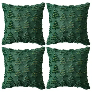 4 Pcs Christmas Throw Pillow Covers 18x18 Inch - Soft Fluffy Faux Fur, Red Xmas Tree | Holiday Plush Cushion Cases for Winter Sofa & Living Room Home Decor