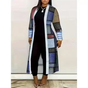 Color Block Geometric Print Cardigan, Casual Long Sleeve Open Front Long Cardigan, Women's Fashion