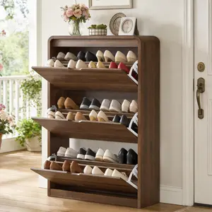 Solid Walnut Farmhouse 3-Flip-Drawer Wood Shoe Rack - Free-Standing Slim Narrow Hidden Organizer with Shelf, Shoe Display for Entryway, Foyer with Rustic Charm outdoorfun