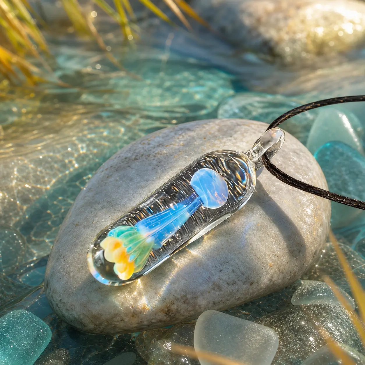 Hand-Blown Jellyfish Glass Pendant Necklace, Ocean-Inspired Artisan Jewelry, Whimsical Unisex Gift for Sea Lovers, Decorative Necklace, Pendant With Necklace