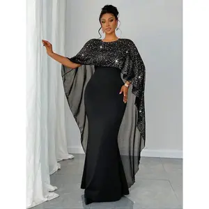 Plus Size Slim Dress with Contrasting Sequins and Cloak Sleeves, Elegant Round-Neck Formal Evening Party Gown, Women’s Plus Size Evening Wear