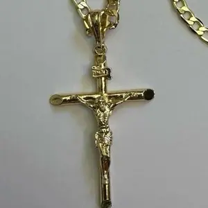 Gold Plated Cross Religious Necklace 24” Figaro Chain
