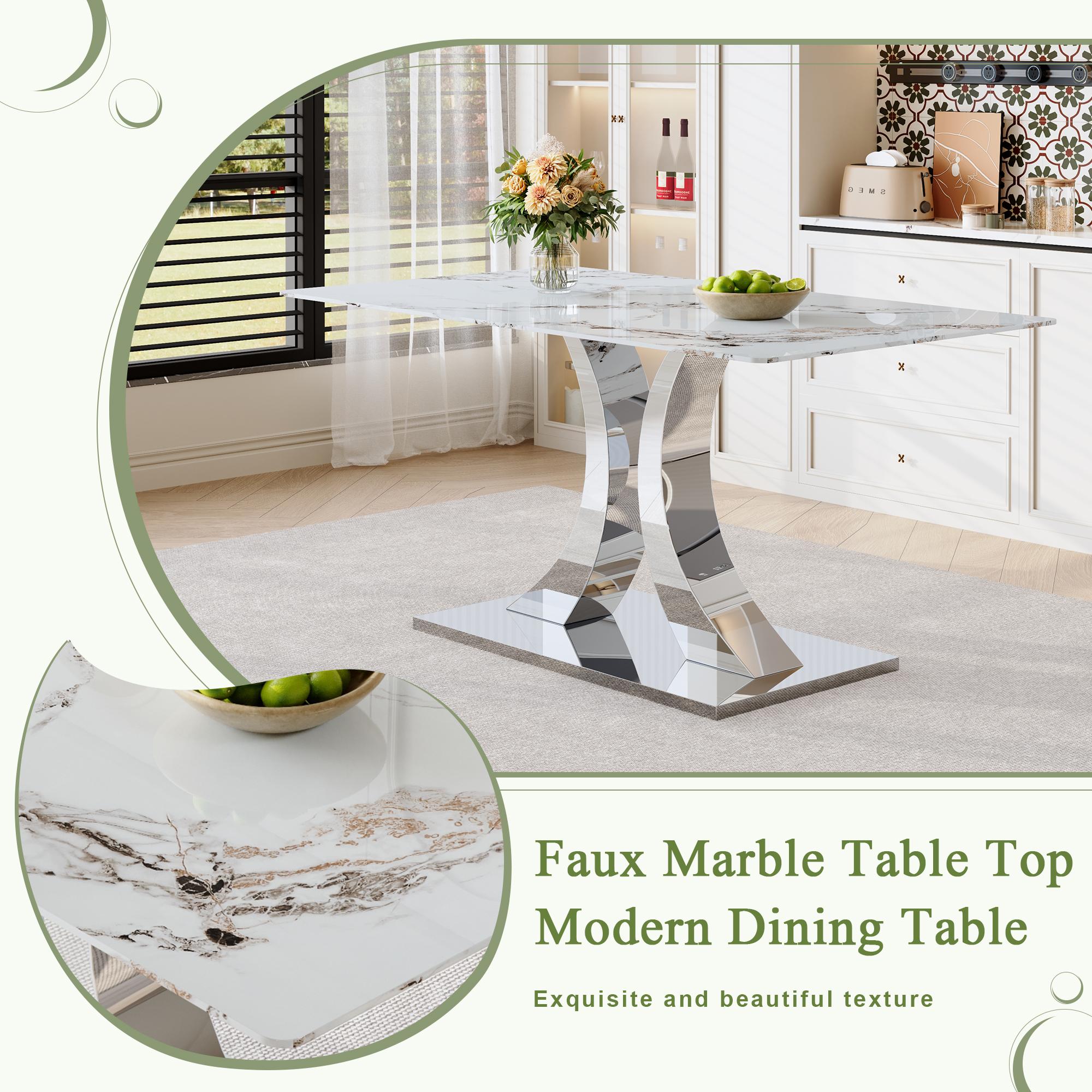 Dining Table Set for 6,Kitchen Table Chairs Set of 6,Rectangular Dining Table,Modern Dining Room Set 63" White Tempered Glass Top with Adjustable Stainless Steel Base,Velvet Dining Chairs,Sliver Stainless Steel Plating Legs,Suitable for Dining Room,Office
