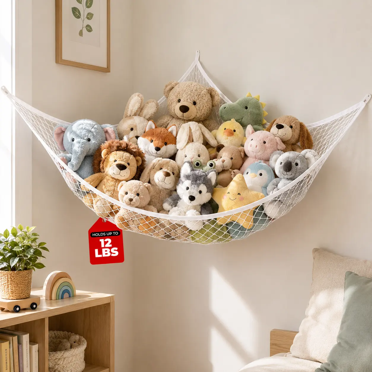 Hollow-Out Mesh Toy Storage Hammock - 1-Pack Hanging Home Supplies Room Storage Organizer, Child-Safe Eco-Friendly Wall Corner Decor, Effortless Visibility, Easy Clean-Up, Durable, Easy-Install for Kids' Playrooms