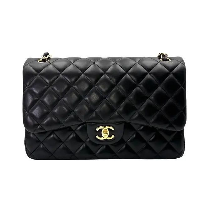 Pre-owned CHANEL Lambskin Shoulder Bags Classic Double Flap Black Quilted Jumbo Shoulder Bag With Gold Buckle(15***82) CC2164