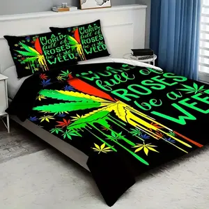 Colorful Hemp Leaf Bedding Set, Polyester Material, Trippy Leaves Vivid Leaf Motif Comfortable Quilt Cover Hippie Bohemian Decor Boho Style Bohemian Influence, 3 Piece Set (1 Quilt + 2 Pillowcases)