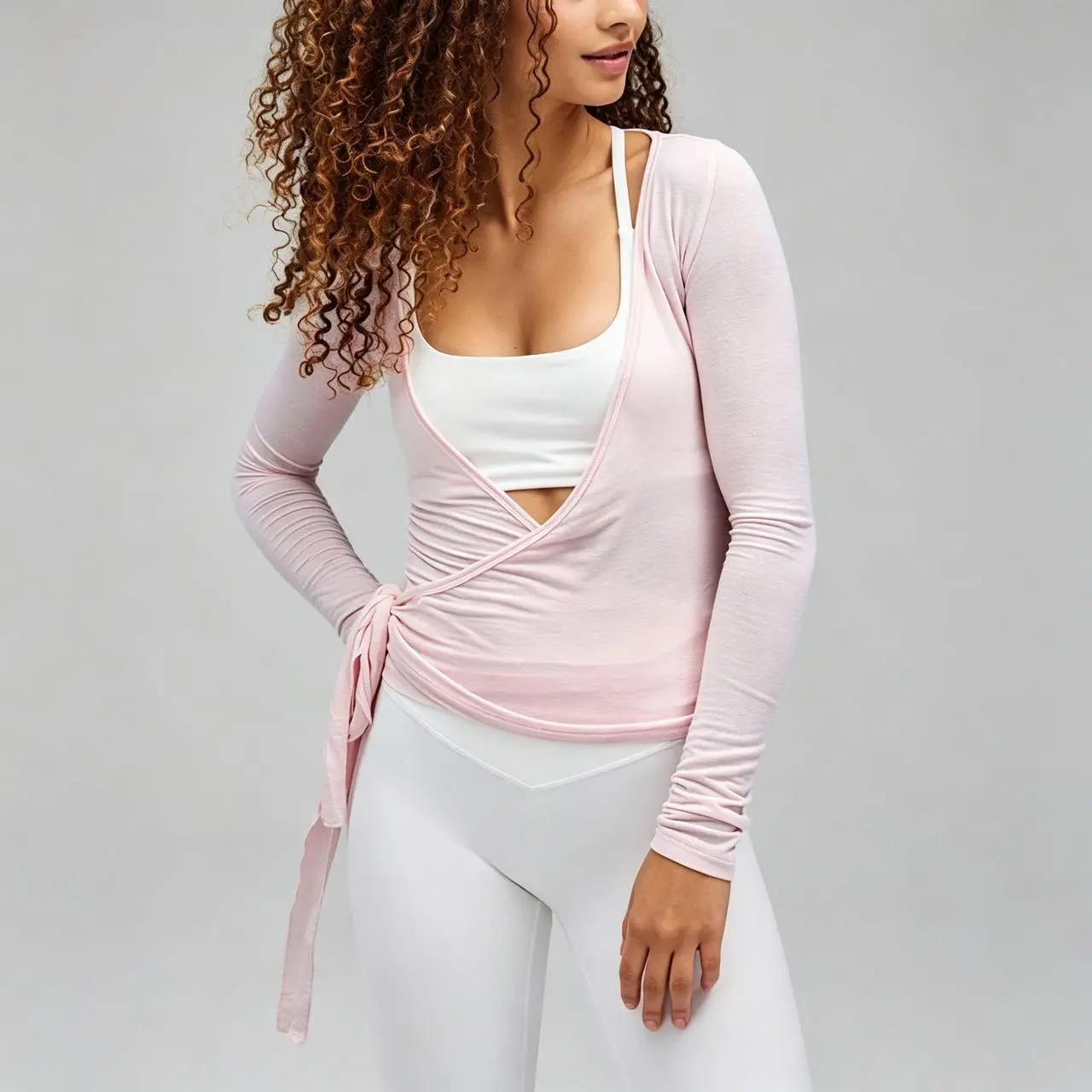 Women's Cropped V-Neck Wrap Top, Long Sleeve Adjustable Tie Front in a Soft Polyester Blend, Ideal Workout Attire for Yoga & Ballet, Adjustable Wrap, Cropped Length, Female Tops, Workout Tops, Long Sleeve Tops