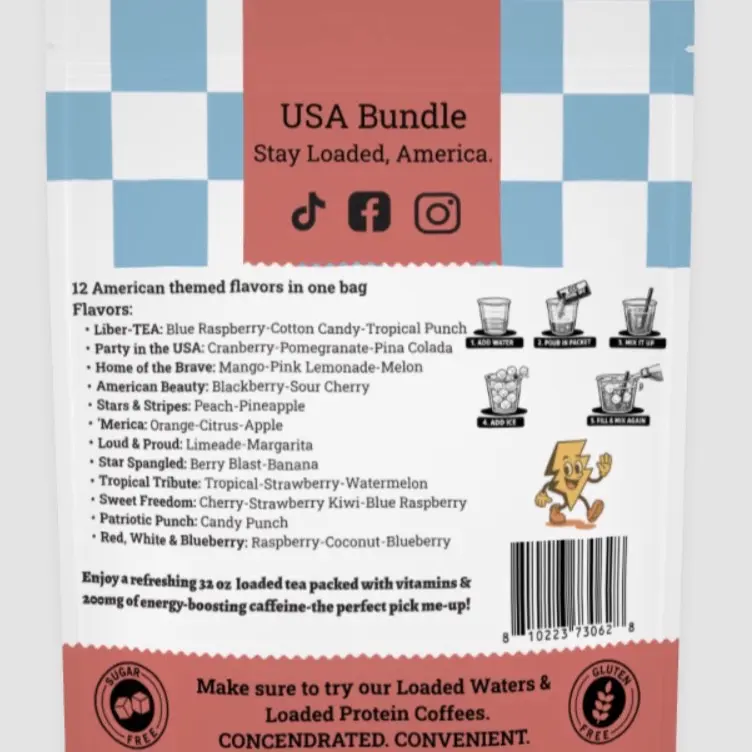 USA 12 pack Loaded Tea Bundle | Mixed Flavors | Hydration Caffeinated Flavored Beverage Mix Packets | One the go | FREE water bottle for the 1st 1000 people