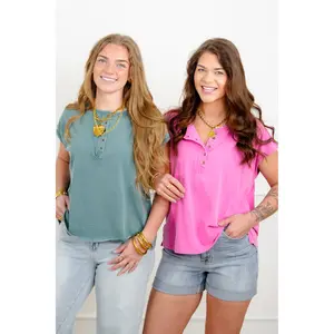 Door Buster! Washed Cap Sleeve Button Up Top