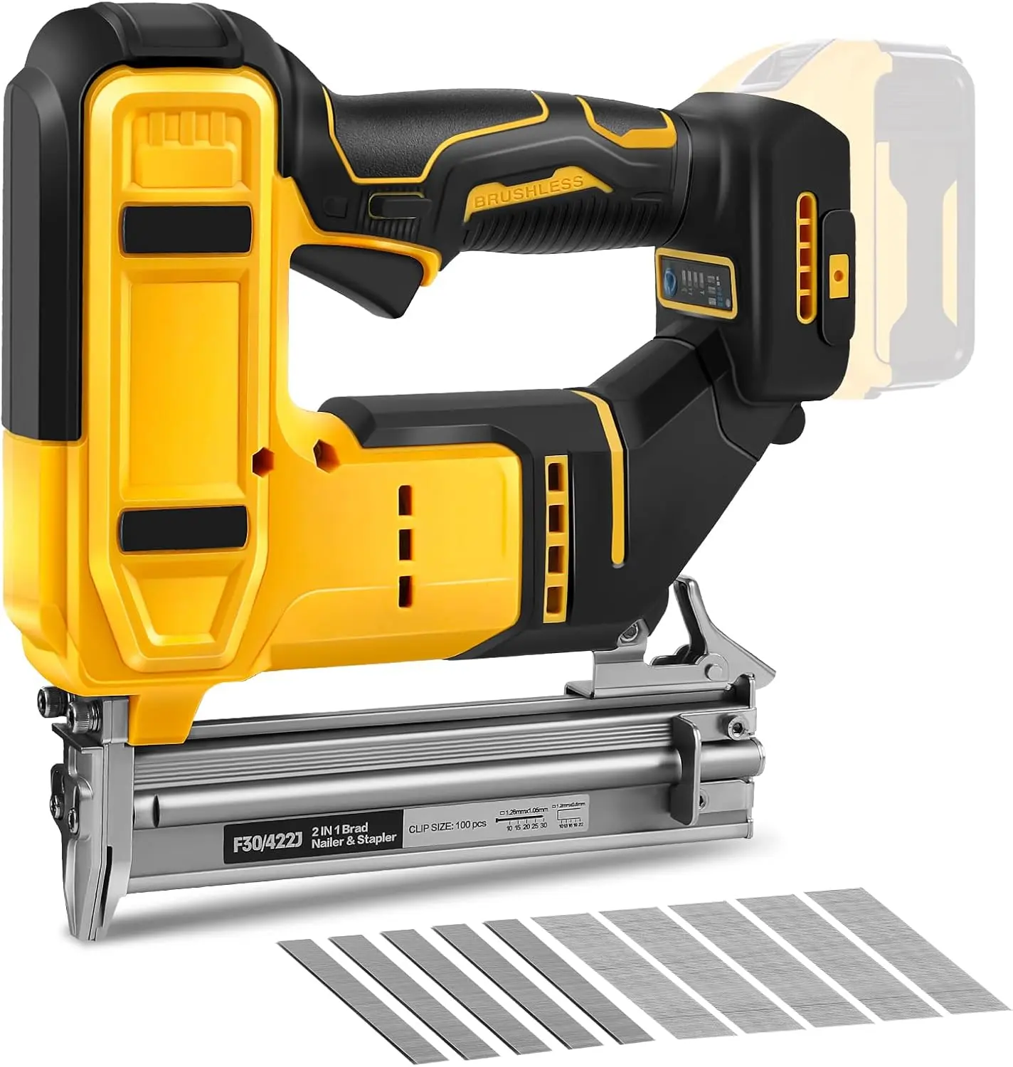 QUEP 2-in-1 Cordless Dual Mode 18 Gauge Brad Nailer-Narrow Crown Stapler Nailgun (Tool Only, No Battery), Dewalt 20V MAX Battery Compatible, W/1000 Brads, 1000 Staples for Trim, DIY, Upholstery, Wood Working Power Tools Hardware, Brads & Staples
