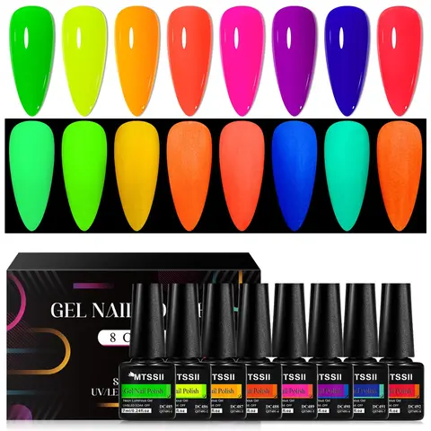 Glow in The Dark Gel Nail Polish Set, 8 Counts/set Neon Fluorescent Gel Nail Varnish, UV Gel Manicure, UV/LED Soak Off Nail Art Supplies for Home Salon Use