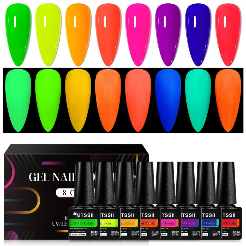 Glow in The Dark Gel Nail Polish Set, 8 Counts/set Neon Fluorescent Gel Nail Varnish, UV Gel Manicure, UV/LED Soak Off Nail Art Supplies for Home Salon Use