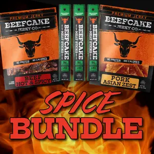 Beefcake Jerky Co. Spicy Bundle - Beef Hot & Spicy, Pork Asian Zest, Jalapeno Honey Meat Sticks - Ideal for Jerky Fans & Spicy Snack Lovers