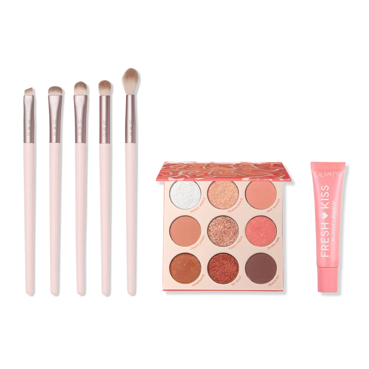 Colourpop Peach Cosmetic 3-Piece Kit -Jelly Eyeshadow Palette, Lipgloss And Brushes