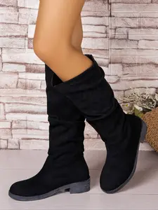 Women's Knee-High High-Heel Boots, Spring & Fall New Vintage Wrinkled Denim Riding Boots, Stylish Ladies Footwear for Casual Wear, Thick Heeled Boots