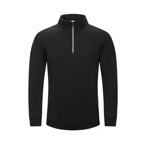 Autumn Men's Half Zipper Sweatshirts Long Sleeve Solid Color Black Pullover with Neon Green Zip Detailing