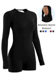 One-Piece Long Sleeve Shorts Backless Bodysuit, American Sporty Sexy Look, Slim Elastic Seamless Design, Moisture Wicking & Anti Exposure, Ideal for Sports, Dancing, Outdoor Activities and Boxing Training